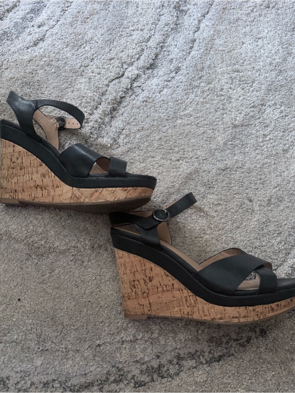 Black Cork Wedge Sandals with Ankle Strap - Women